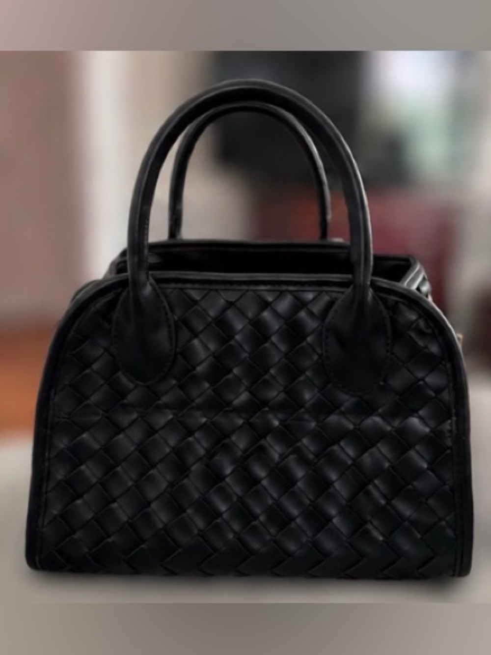 Woven Faux Leather Satchel Top Handle Crossbody Bag Black Minimalist Like New - Picture 1 of 11